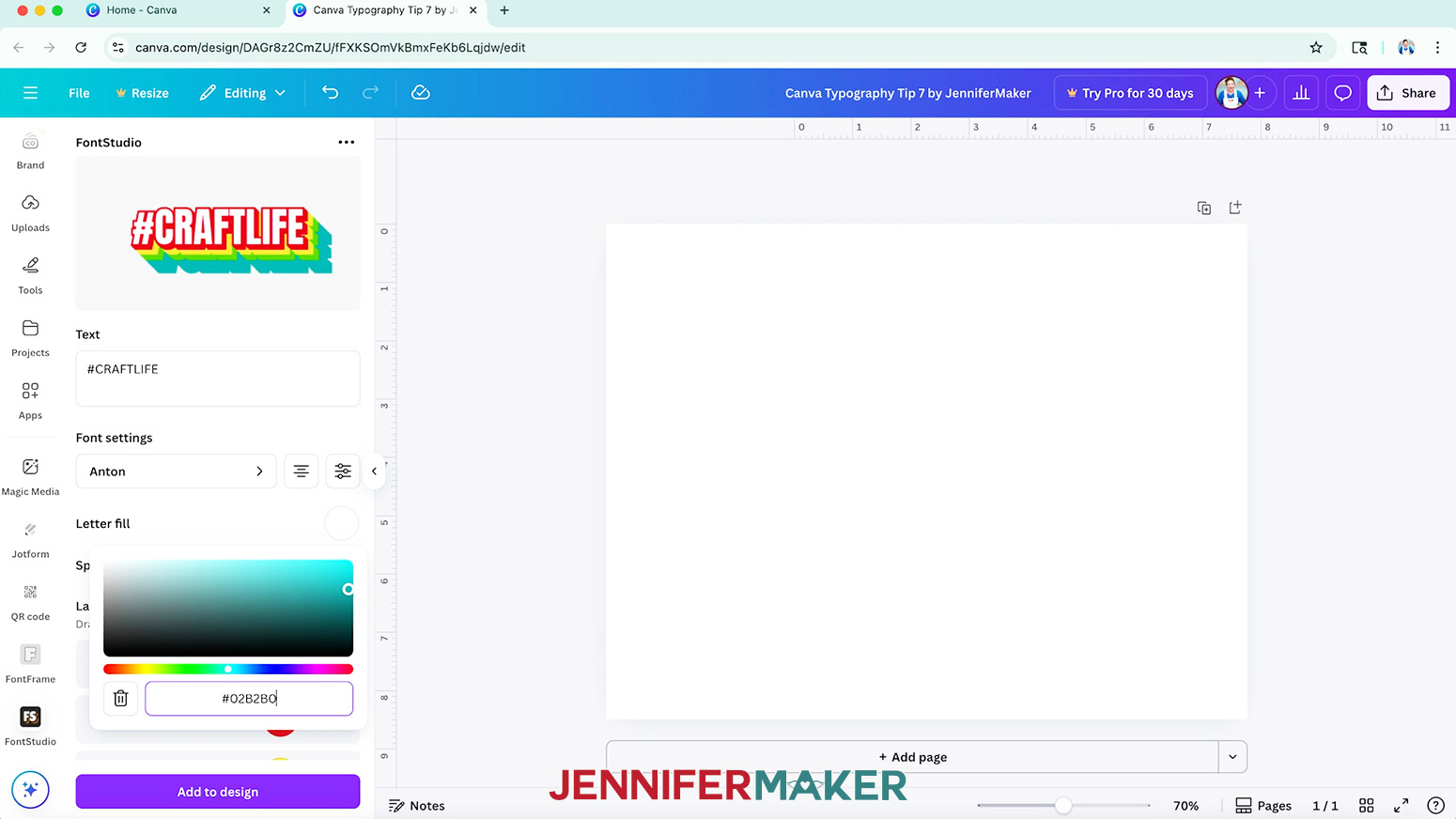 Add another "Projection" and make it teal in the Canva FontStudio app.