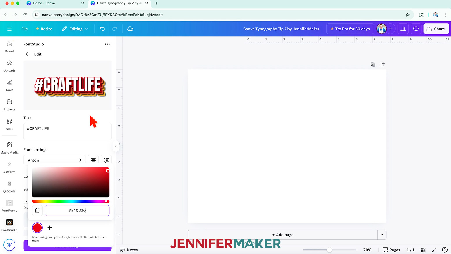 Change a projection's color in the Canva FontStudio app by typing in its Hex code.