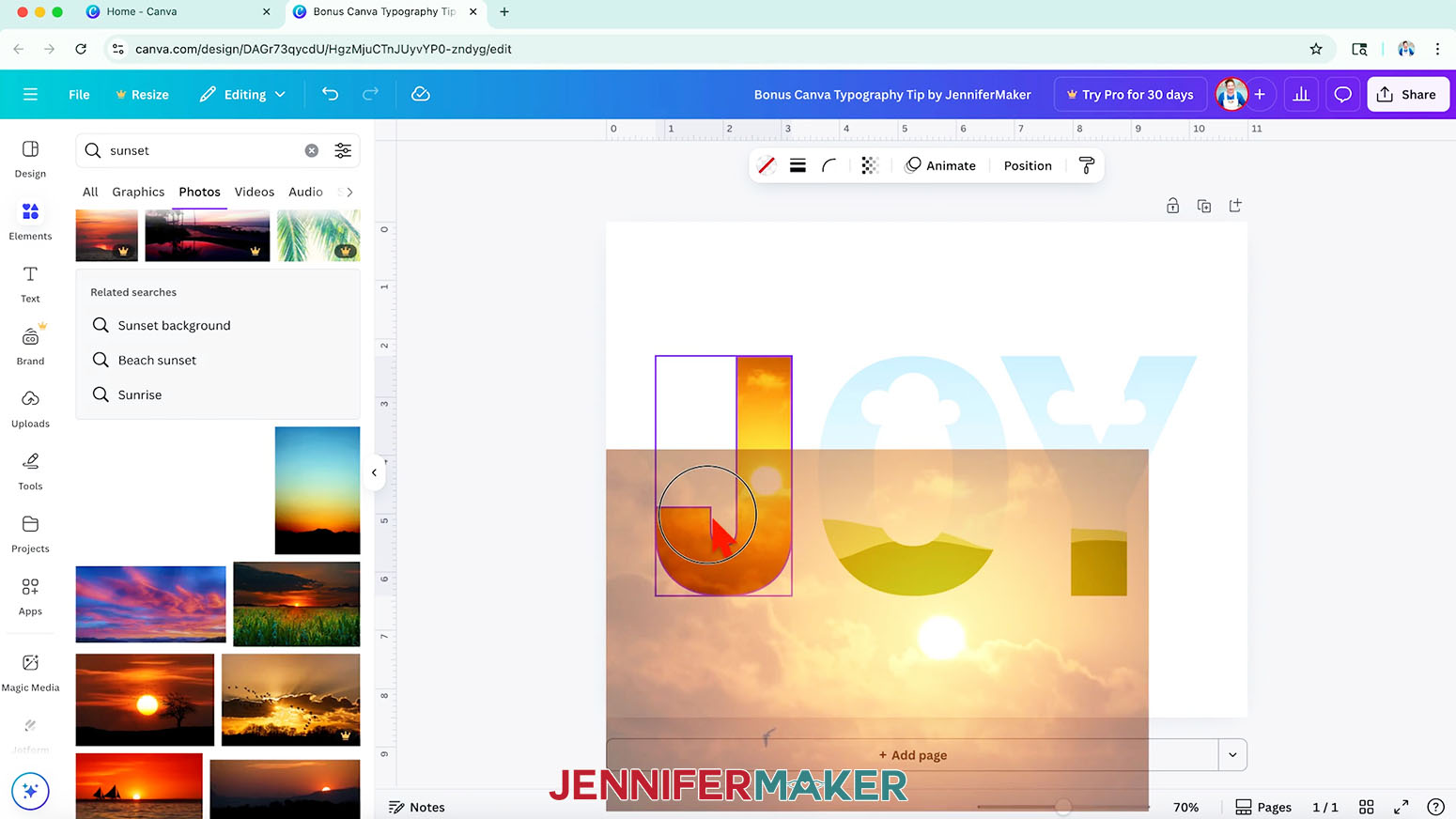 Click and drag a Canva photo into a letter frame to fill it.