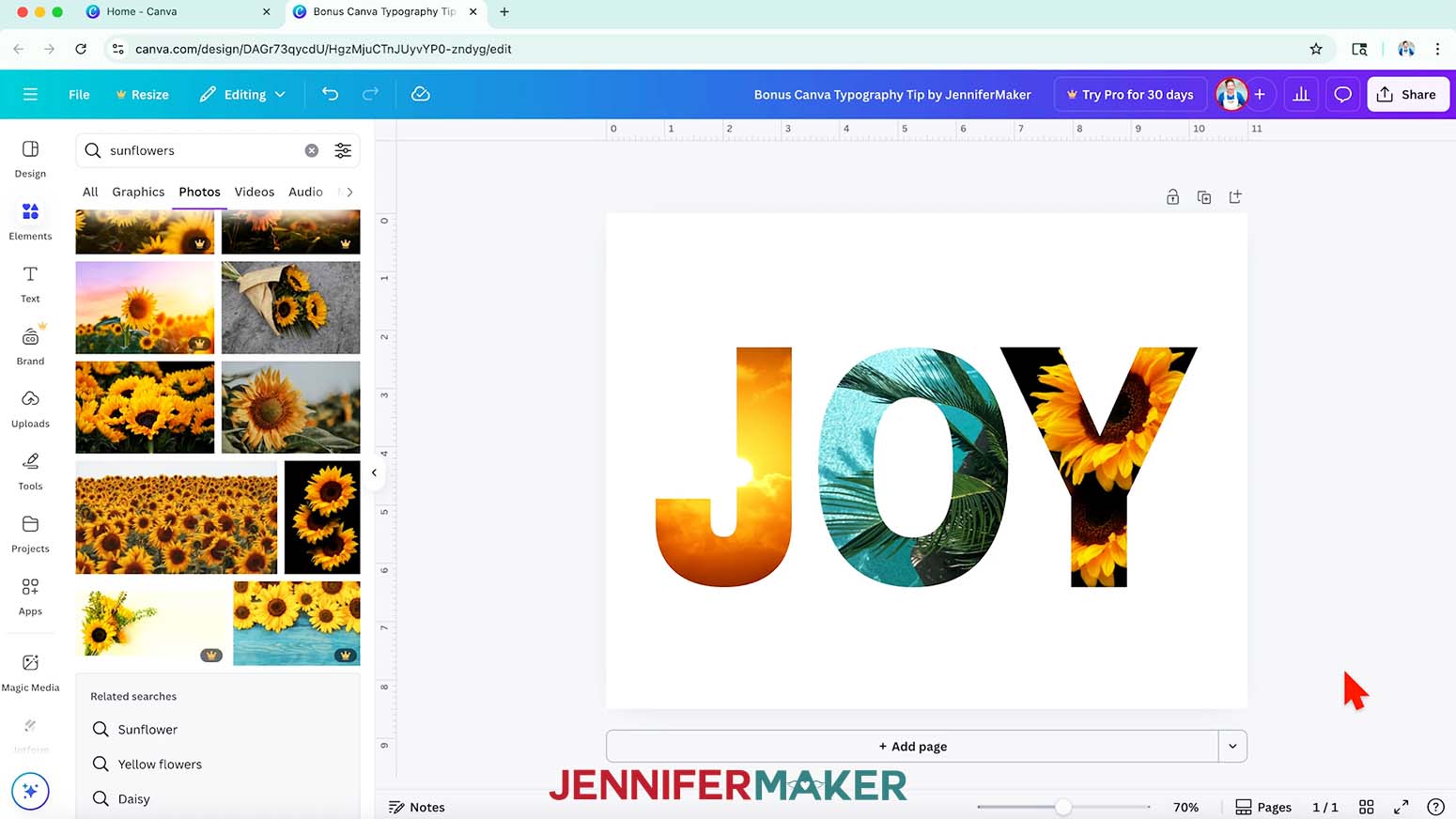 Canva letter frames for the word "JOY" with sunset, ocean, and sunflower photos filling the letters.