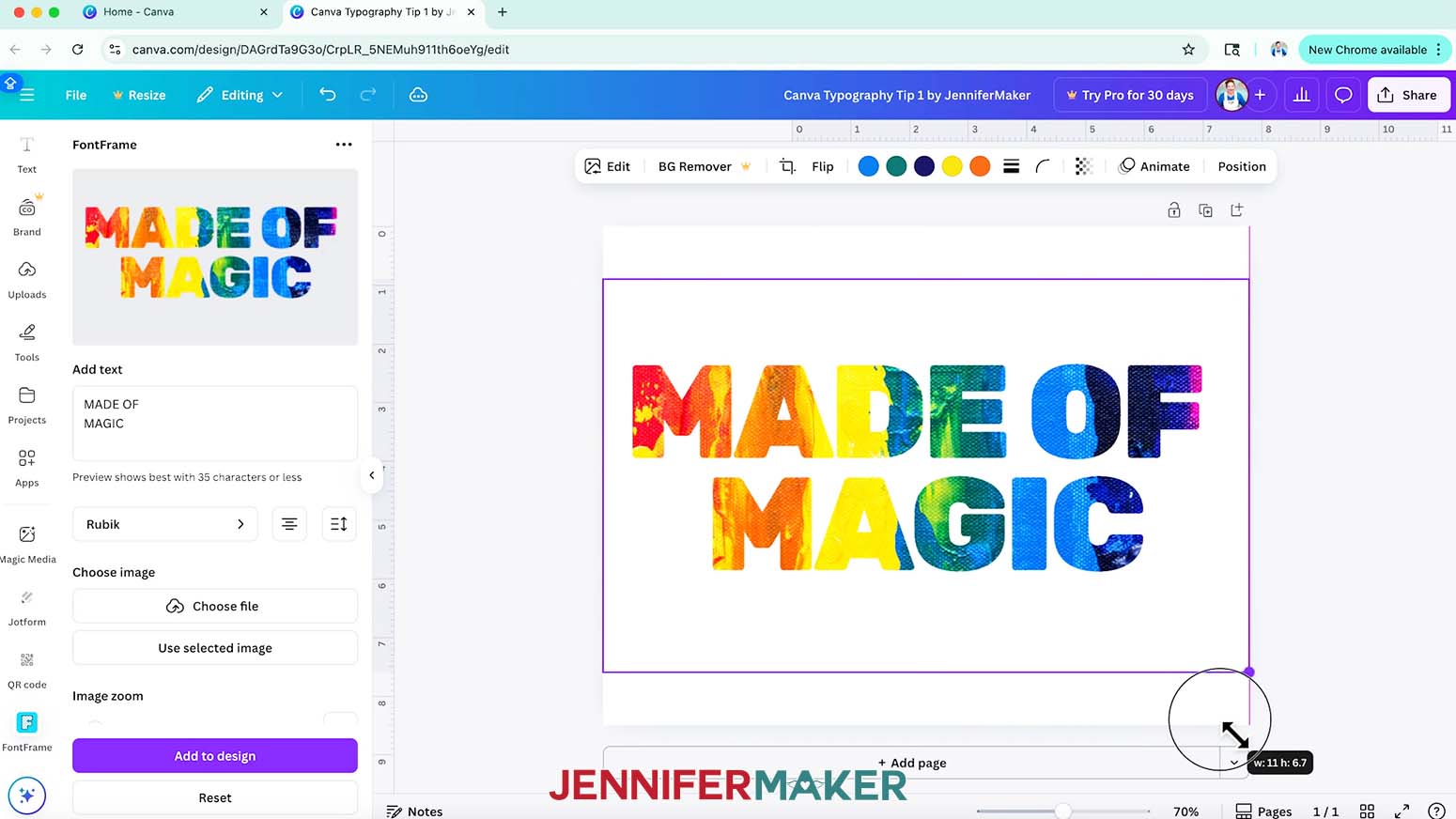 Resize the finished design on your Canvas using the corner handles.