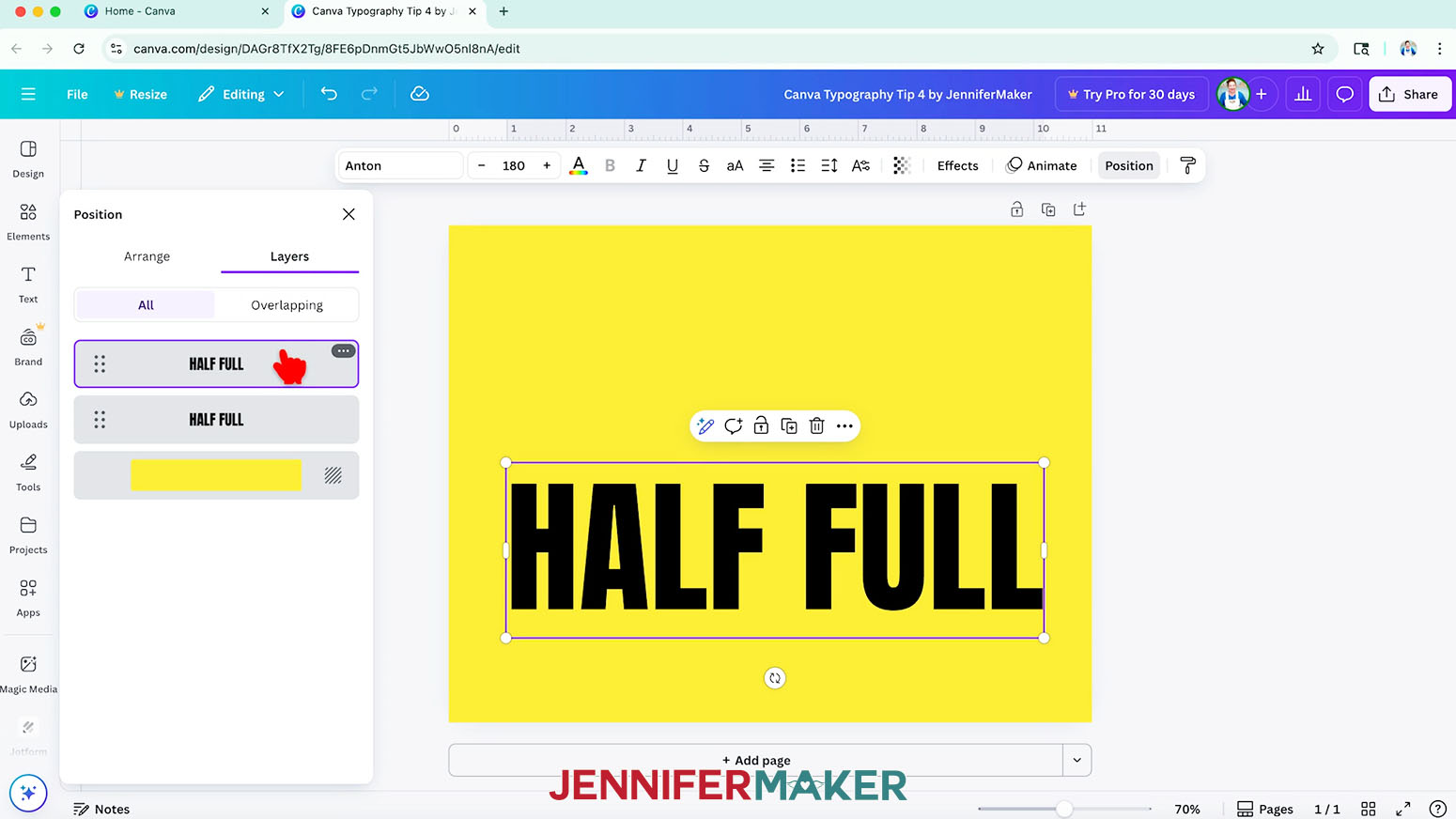 The words "HALF FULL" typed in the Canva font Anton on a yellow background.