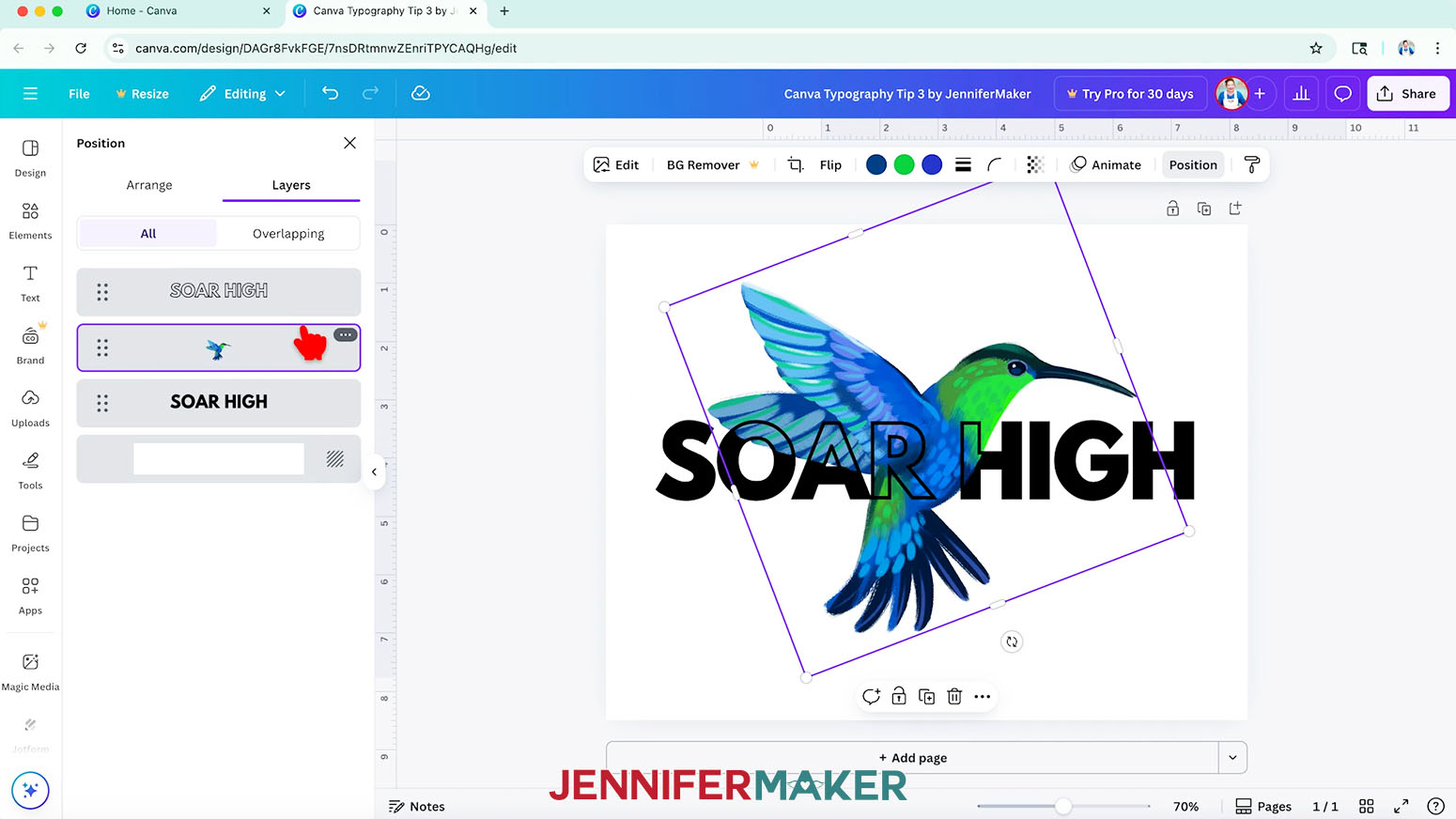 Use the Canva "Layers" panel to move the graphic between the two text layers.