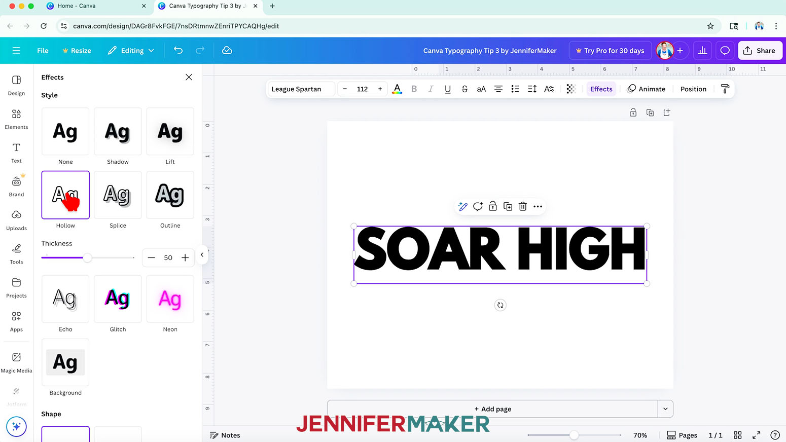 With a text box selected in Canva, click "Effects" in the top bar and choose "Hollow."