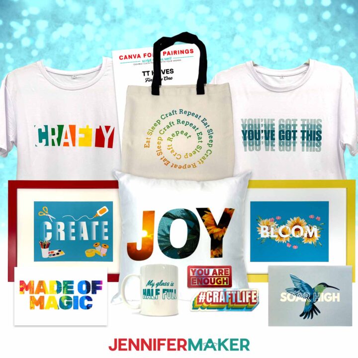 Finished projects for the Canva Typography Tips, showing t-shirts, a tote bag, framed prints, a pillow, cards, a ceramic mug, and stickers.