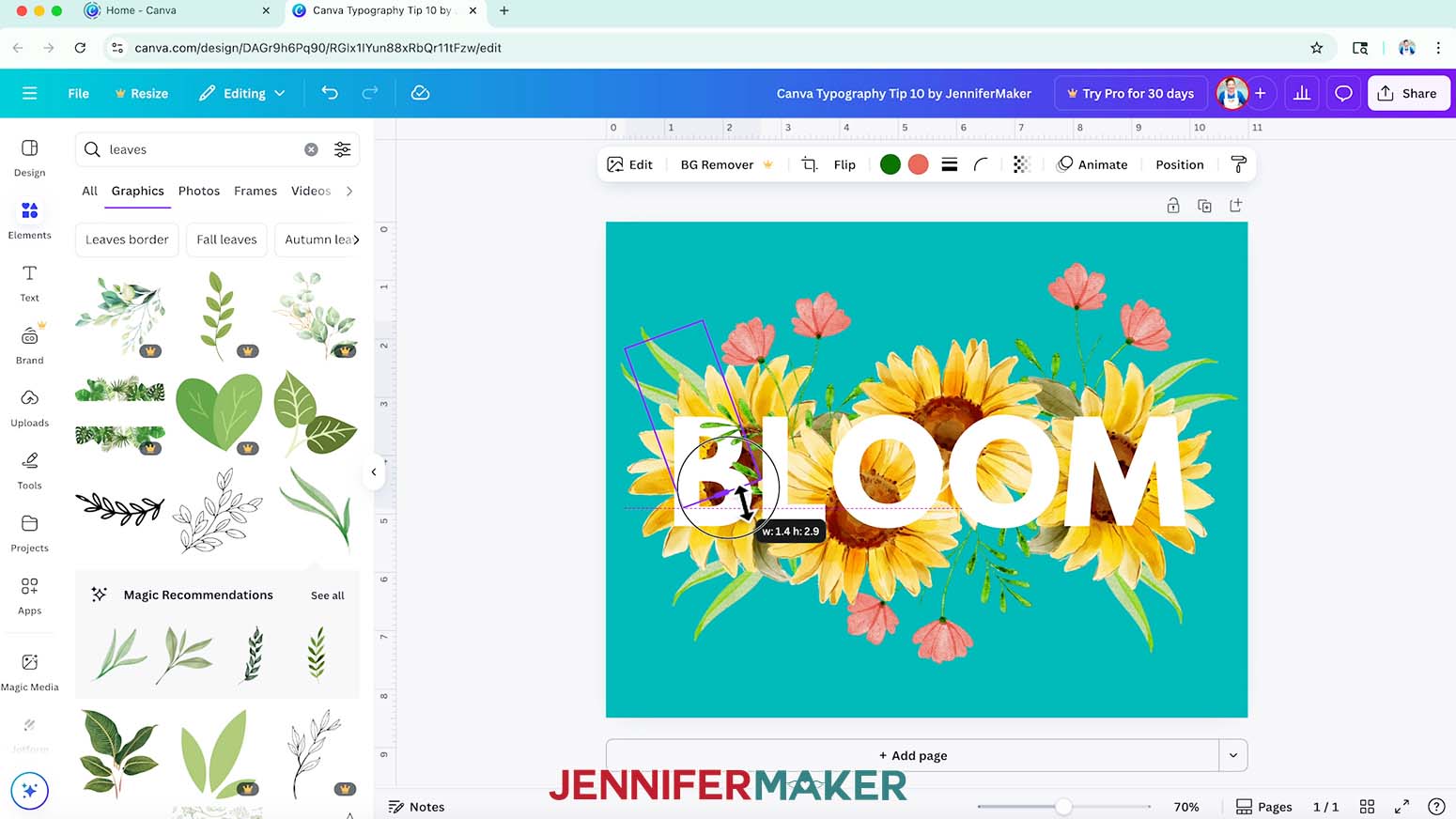 Use the "Crop" icon to remove the bottom of the leaf element.