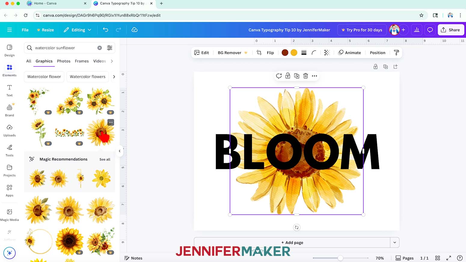 A watercolor-style sunflower graphic, with the word "BLOOM" on top, in Canva.