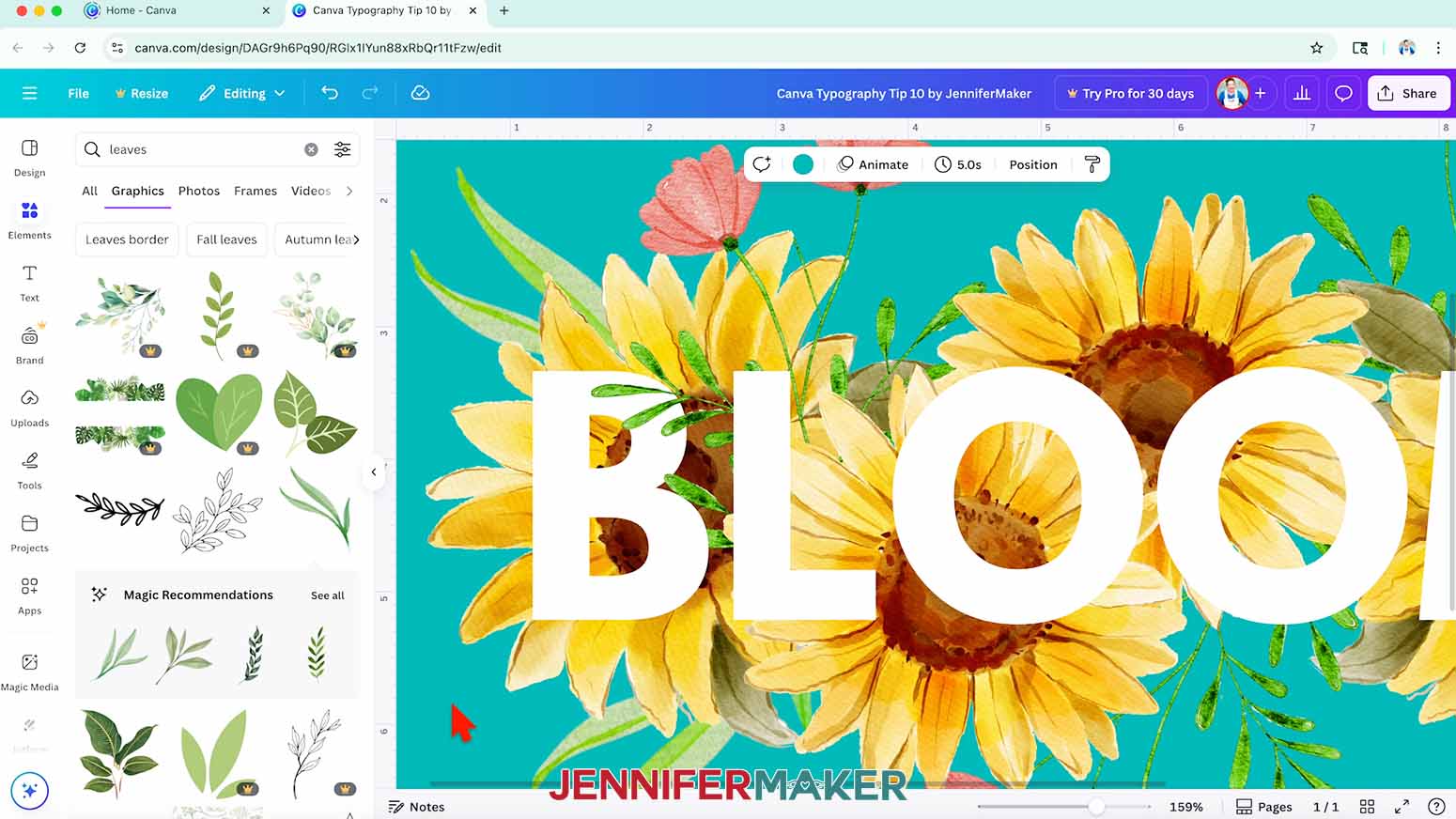 The 3D Layered Typography design for the Canva Typography Tips project, showing a leaf element overlapping the letter B.
