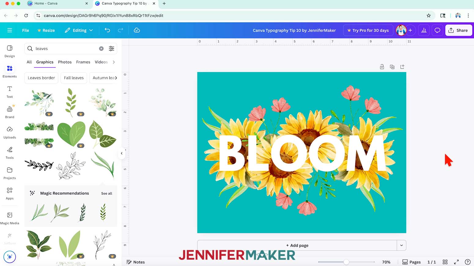 A sunflower design composition on a teal background behind white "BLOOM" letters in Canva.