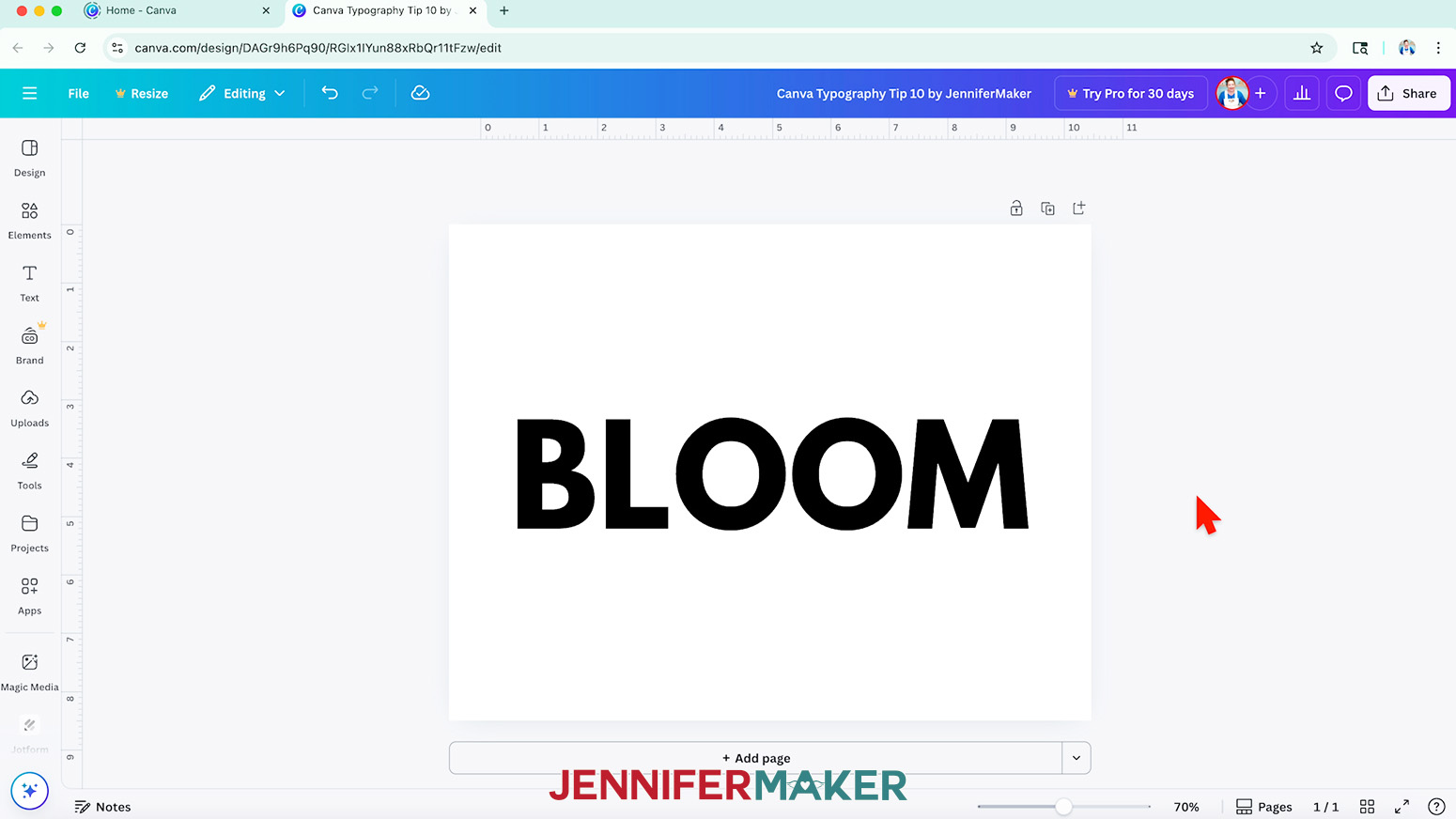 The word "BLOOM" in black letters on a white background in Canva.