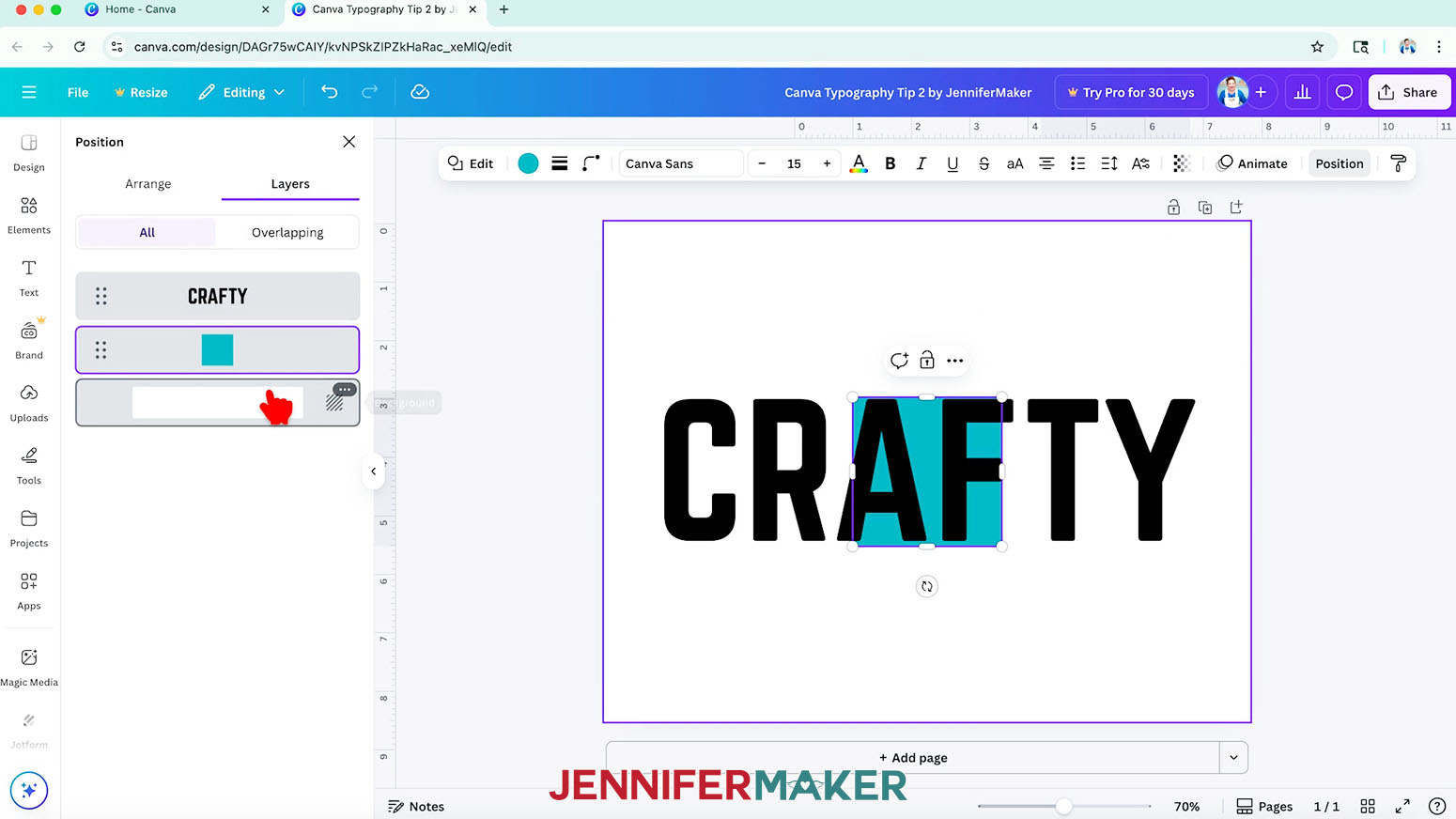 Open the "Position" panel and, under the "Layers" tab, drag the square underneath the text layer so it's behind the text on the Canvas.