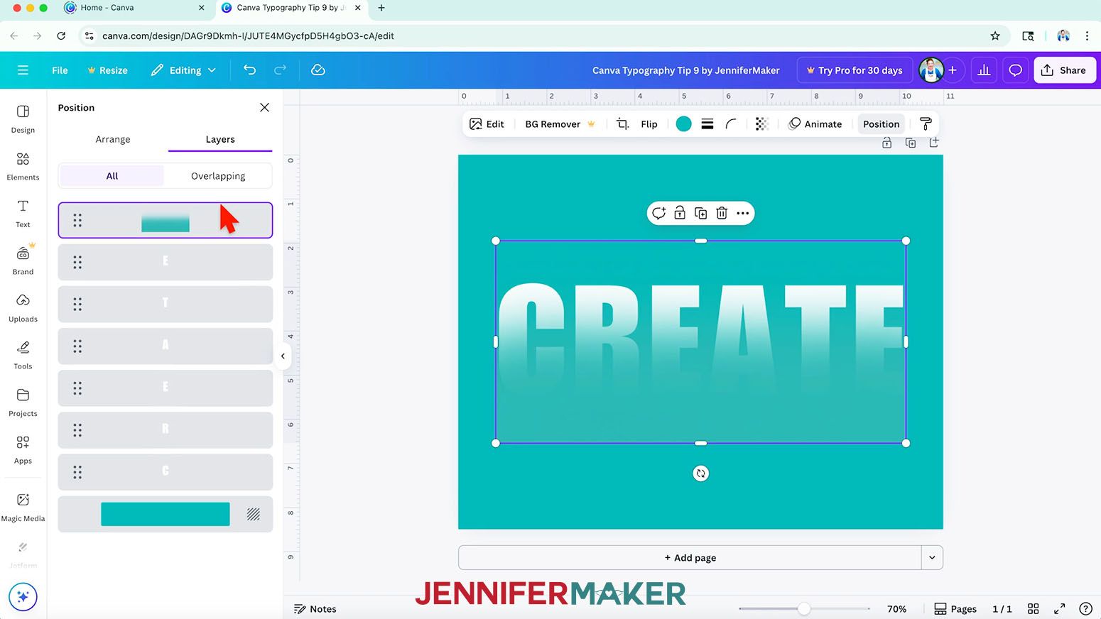 Use the "Layers" panel to move the gradient graphic to the front so it covers part of the text.