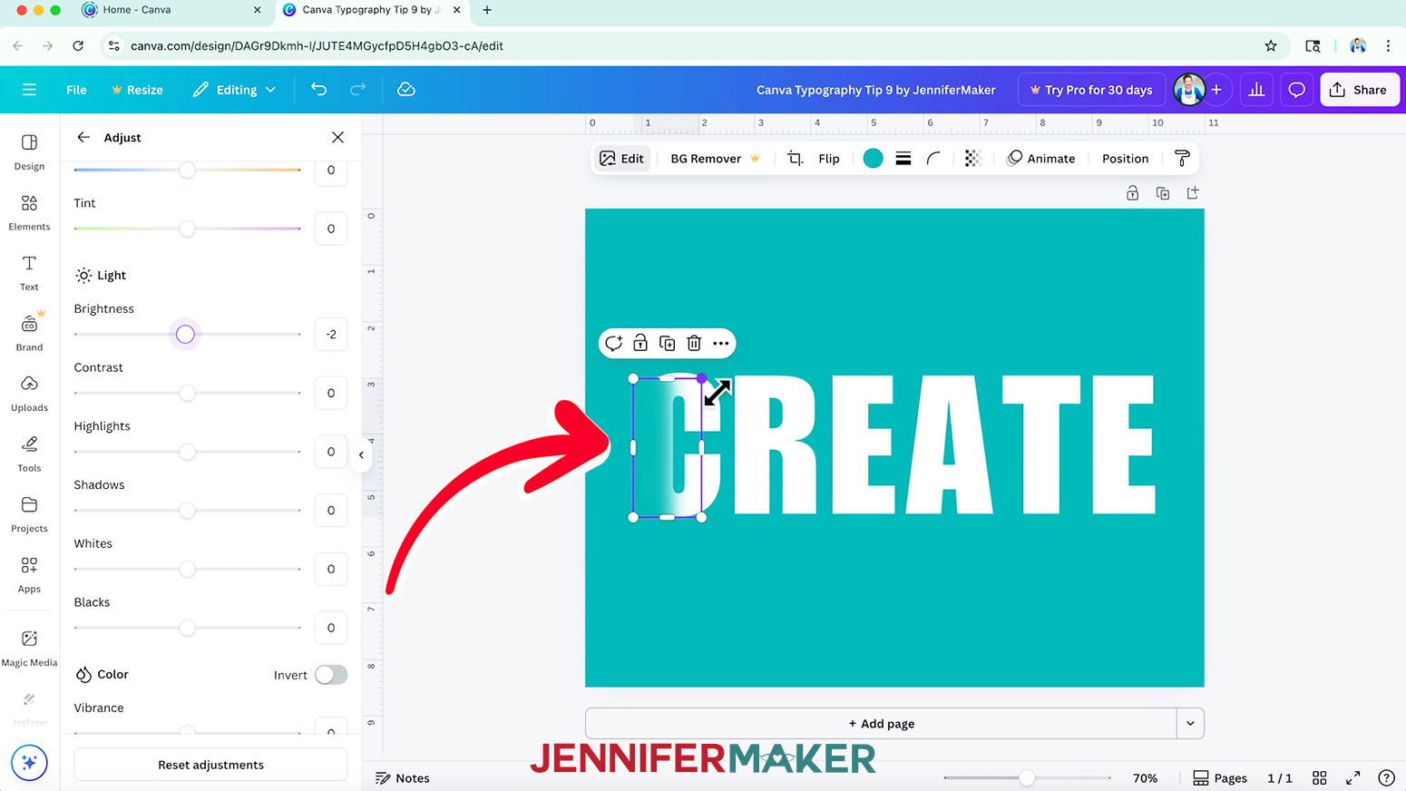 Search for a Canva "Graphic" Element that goes from dark to transparent to blend the letters into the background color.
