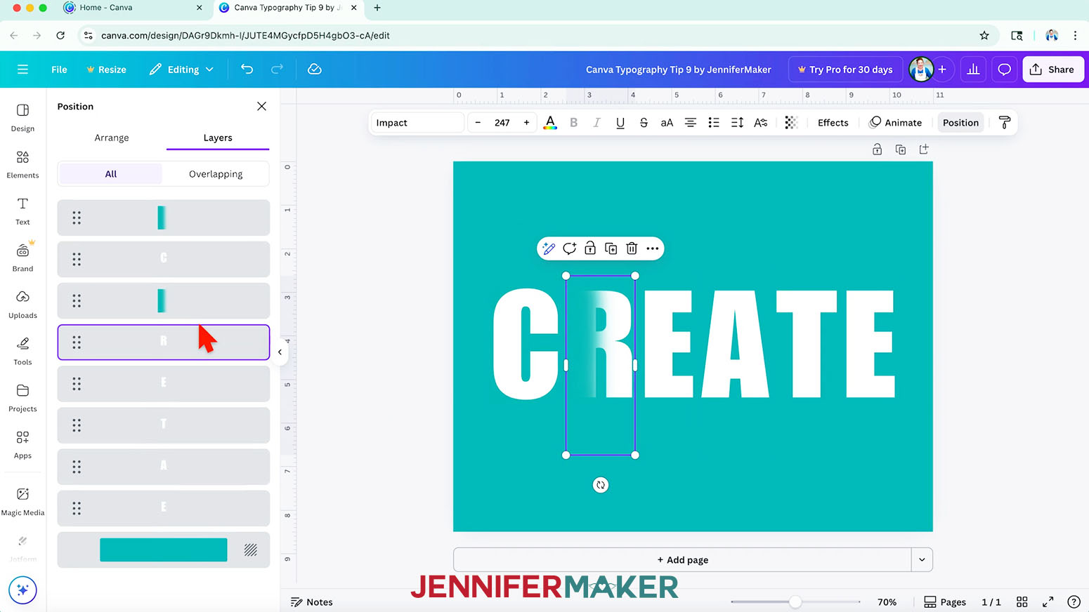 Use the "Layers" panel to arrange the letters so they read from top to bottom in the panel, and then alternate the shadow graphic layers in between them in order.