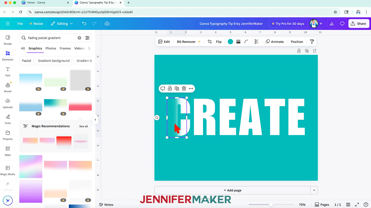 Rotate the gradient graphic so its dark edge is on the left and its transparent edge is on the right. Resize and position it so it just covers the left half of the first letter.