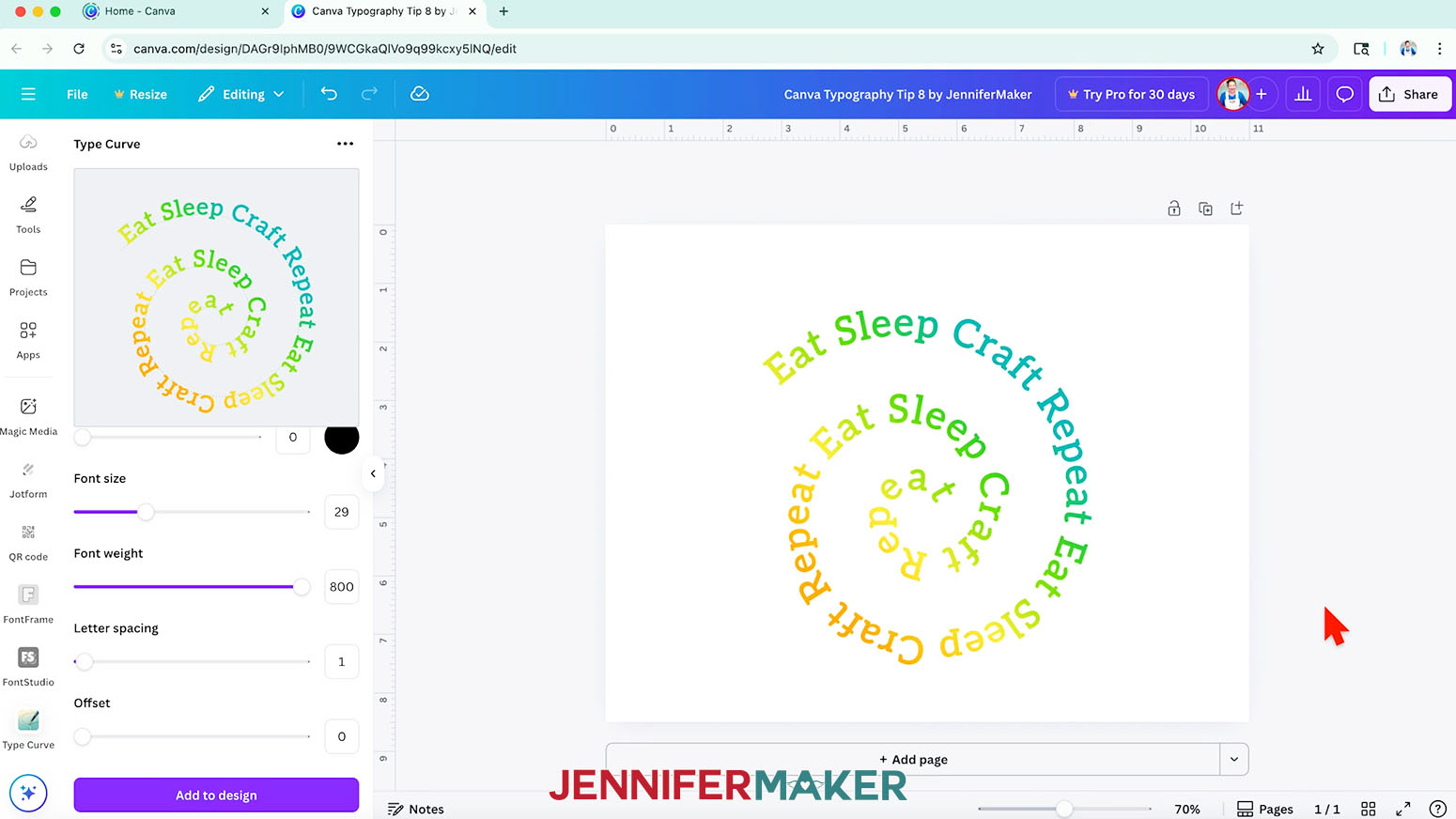 The finished Shaped Text design for the Canva Typography Tips project.