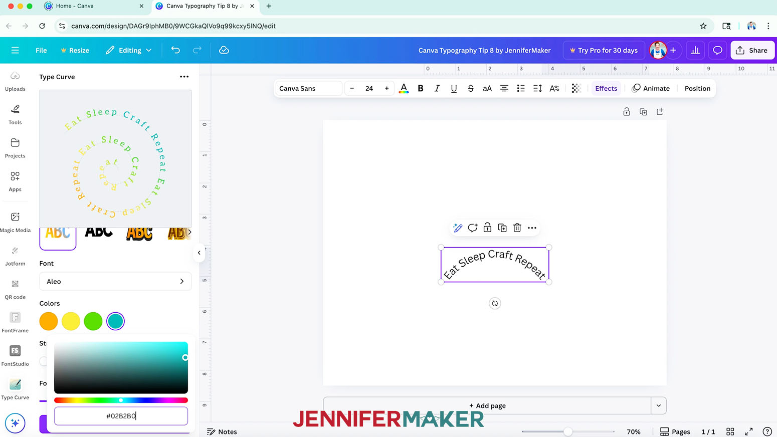 Pick the gradient Style and change the color swatches in the Canva Type Curve app.