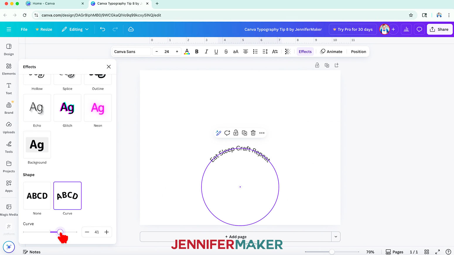 To curve your text around a circle shape, click on "Effects" in the top bar and choose "Curve" under "Shape."