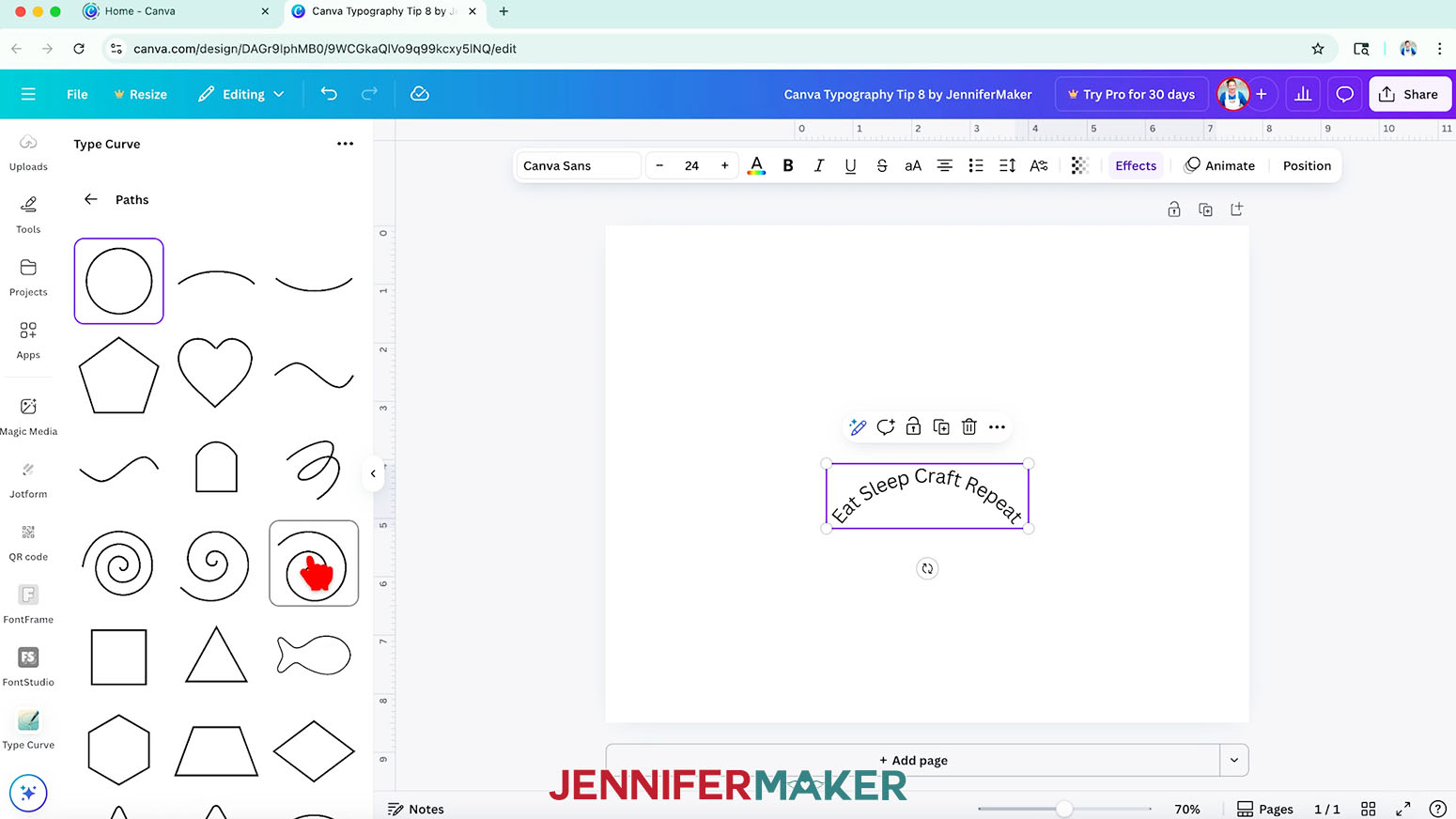 In the Canva Type Curve app, click "See all" next to "Paths" and pick the path shape you want from the options.