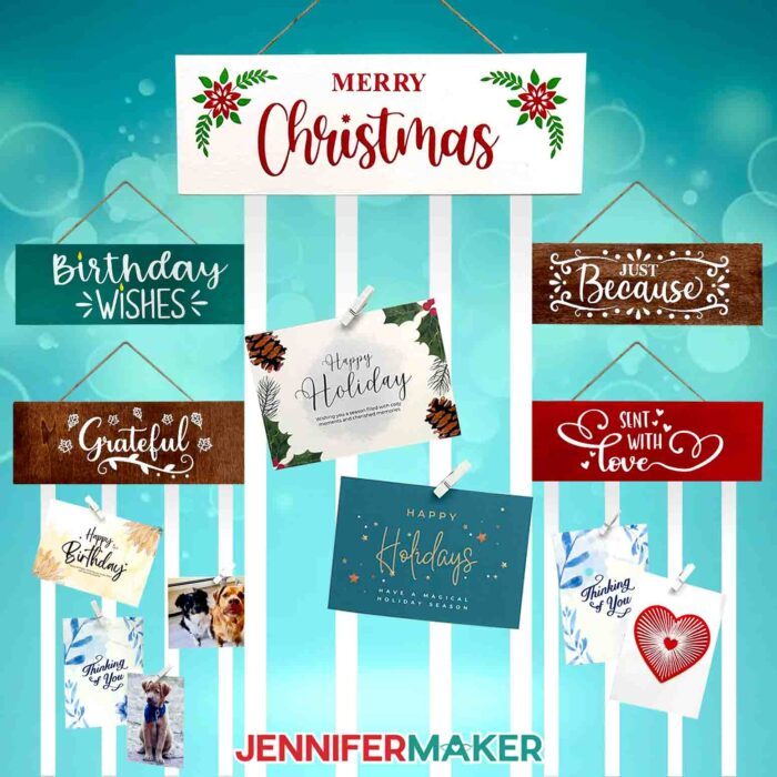 Five painted wooden display panels with ribbons attached to the bottom: "Birthday Wishes," "Just Because," "Merry Christmas," "Grateful," and "Sent with Love." Greeting cards are clipped to the ribbons with white mini-clothespins.