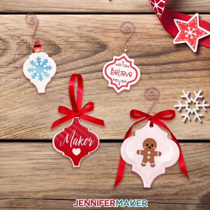 Personalized Ceramic Tile Ornaments with Vinyl Decals. Make Cricut Christmas Ornaments with JenniferMaker's tutorial!