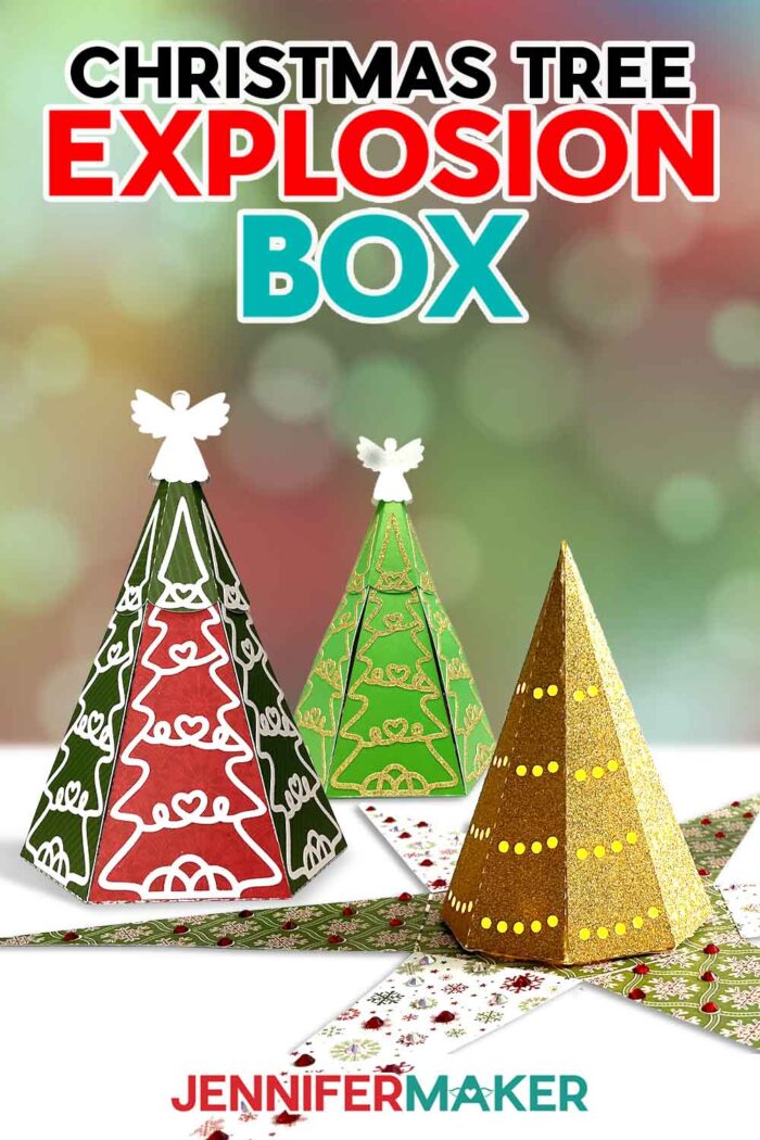 Three festive explosion boxes in the shape of holiday trees. Get free Christmas Tree Explosion Box SVG files to make your own