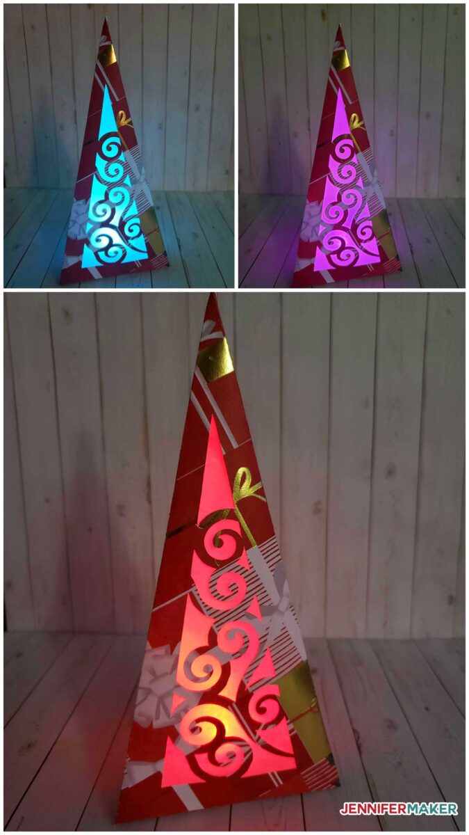 Paper Christmas Tree Luminaries lit up with LED color changing lights