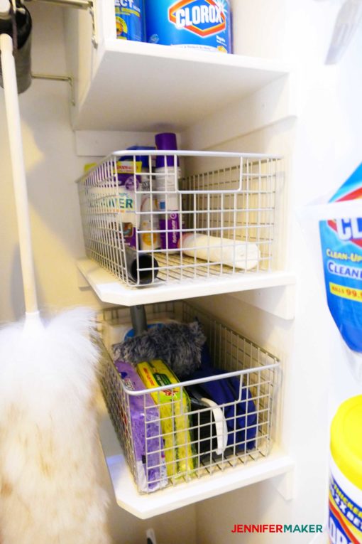 Wire baskets on shelves in our cleaning closet