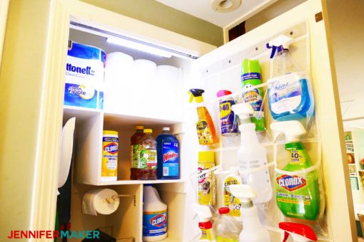 Motion sensitive LED light at the top of our cleaning closet