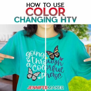 Model wearing a green shirt with a UV reactive color changing design on it with butterflies that says "Going Through a Colorful Phase". Learn to use color changing HTV with JenniferMaker's tutorial!