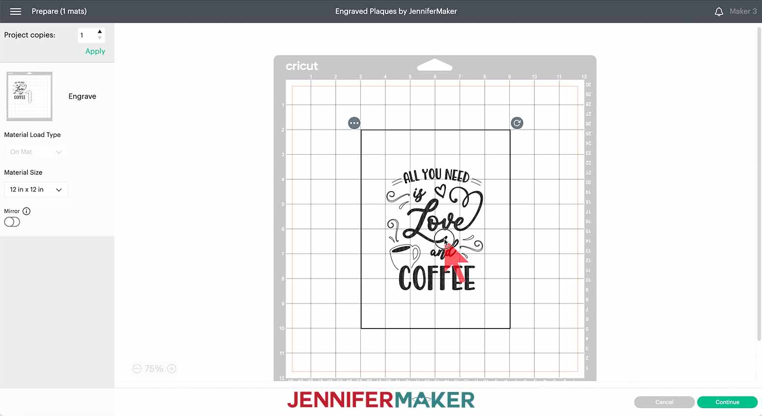Center your color engraving design on the mat on the Prepare screen in Cricut Design Space