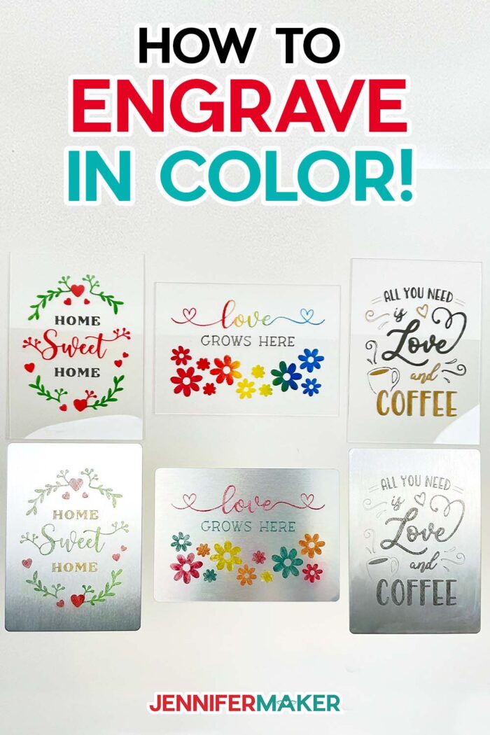 Pinterest for acrylic and metal plaques engraved with colorful designs and sayings using a JenniferMaker tutorial.
