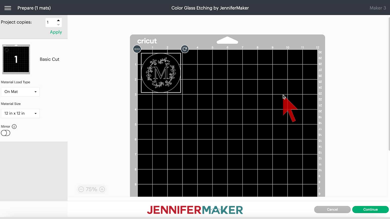 A screenshot showing the customized wine glass design for the color glass etching project on the Prepare screen in Cricut Design Space, with the design aligned at the top left of the mat and the settings showing Basic Cut, On Mat for the Load Type, 12 by 12 inches for the Material Size, and Mirror Off