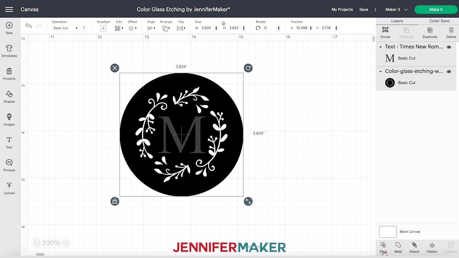 A screenshot showing the wine glass design and the letter M on the Cricut Design Space canvas, with both objects center aligned and selected and the cursor hovering over the Slice tool in the bottom right
