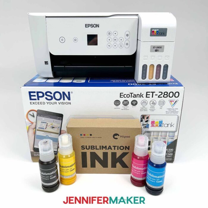 An Epson EcoTank 2800 sits on its box with bottles of sublimation displayed in front.