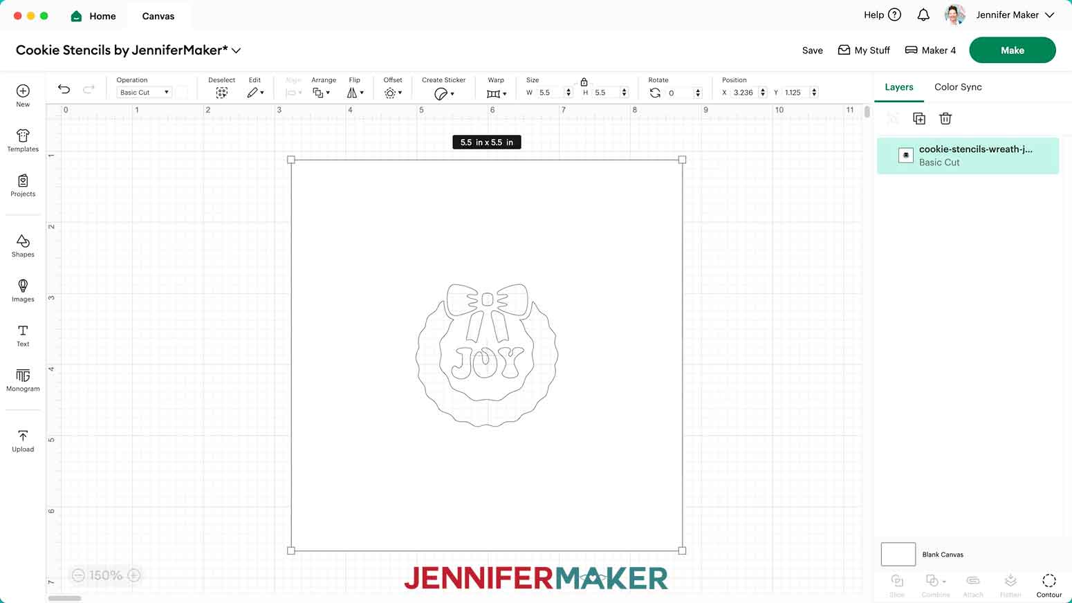 Design Space is open and the Wreath Cookie stencil is shown on the Canvas with the dimensions listed at 5.5" x 5.5."