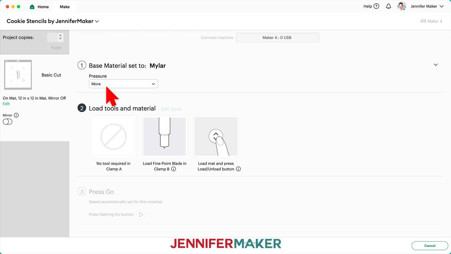 In the Design Space Prepare Menu, the base material is set to Mylar and the arrow is pointing to the More setting in the pressure drop down menu.