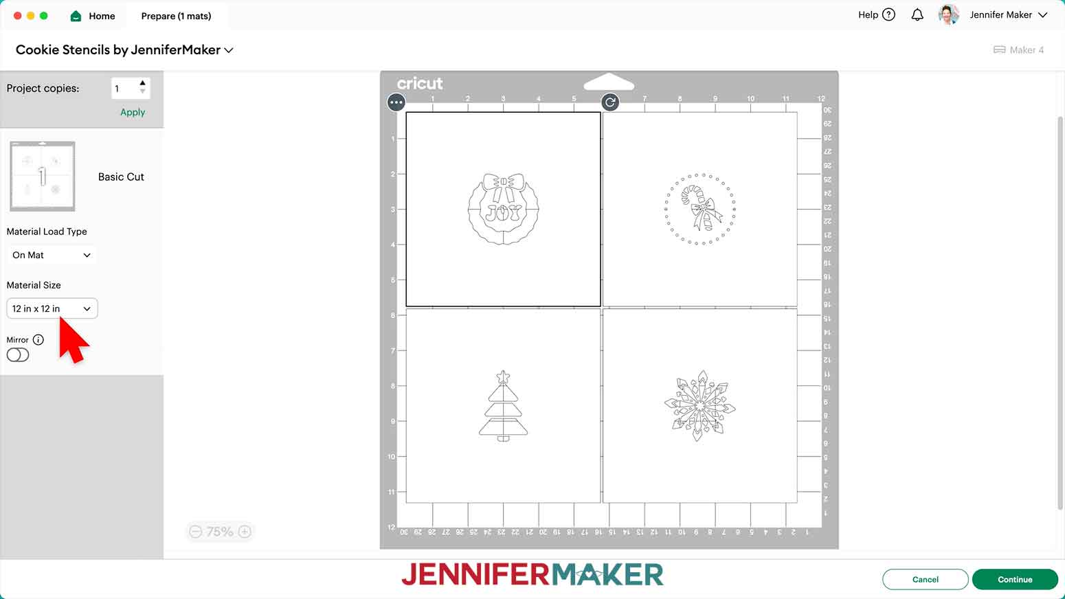 All of the cookie stencils are shown on the Cricut make in the Prepare menu and the cursor hovers over the material size at 12 in x 12 in.