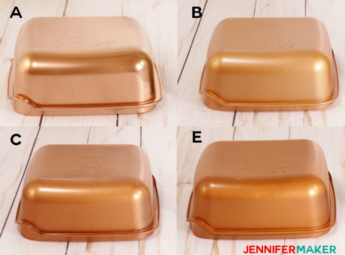 Copper spray paint on plastic containers shows difference in color hue, shine, and coverage