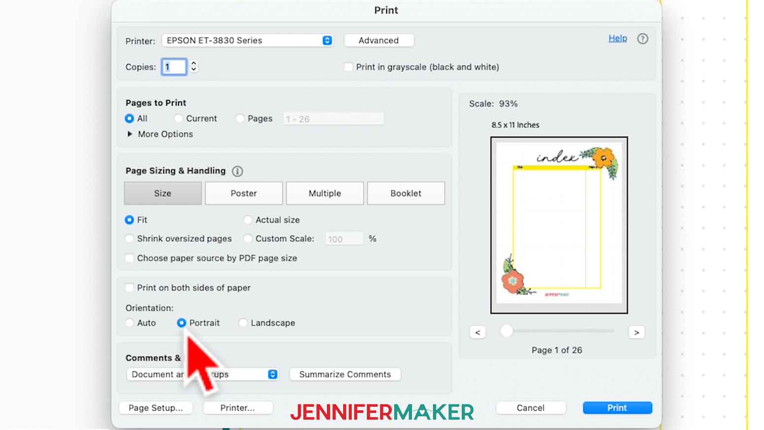 Print window open size set to "fit" and orientation clicked Portrait