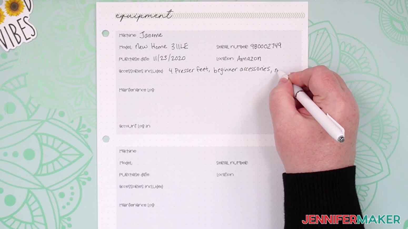 craft binder filling out equipment page with machine name, serial number and other important information