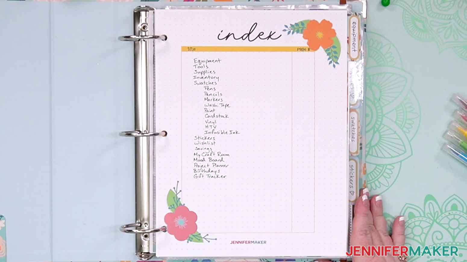 Craft binder index page filled out and in three ring binder
