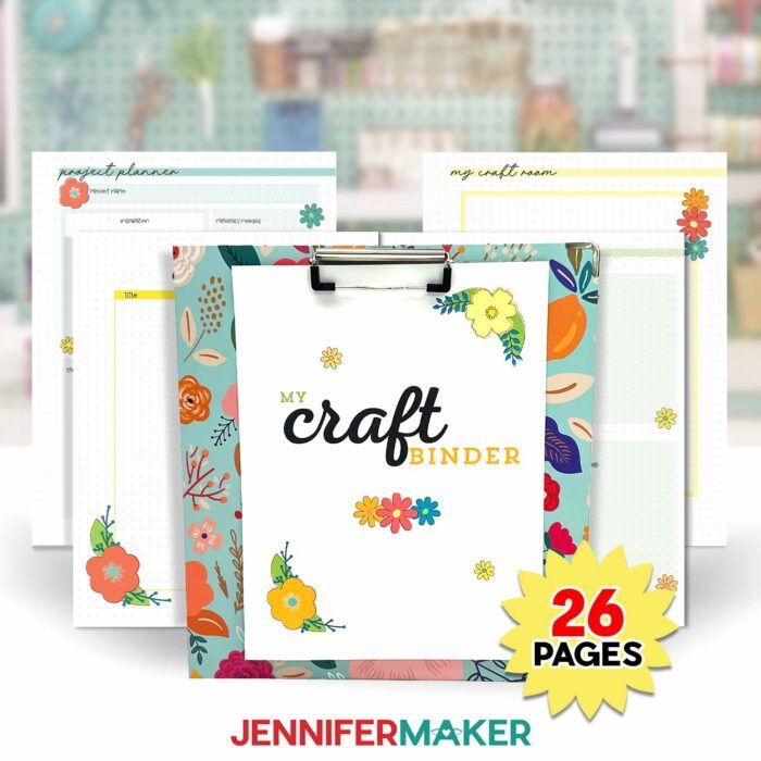 A printed paper with colorful flowers that says "My Craft Binder" clipped to a clipboard with example inventory pages behind it and a graphic that says "26 pages."