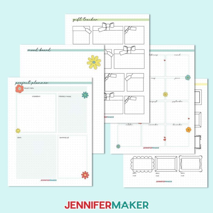 Five craft binder inventory sheets laid out to record project plans, a mood board, gifts, and supplies.