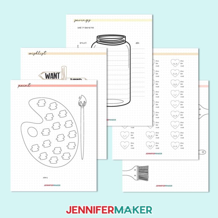 Five craft binder inventory sheets laid out to record swatches, a wishlist, and savings.