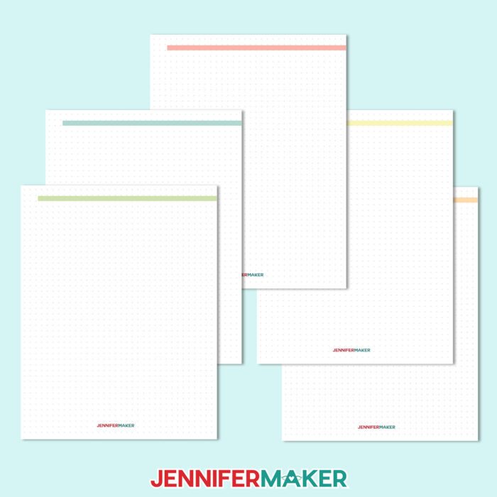 Five dot grid sheets with pastel lines at the top for a craft binder by JenniferMaker.