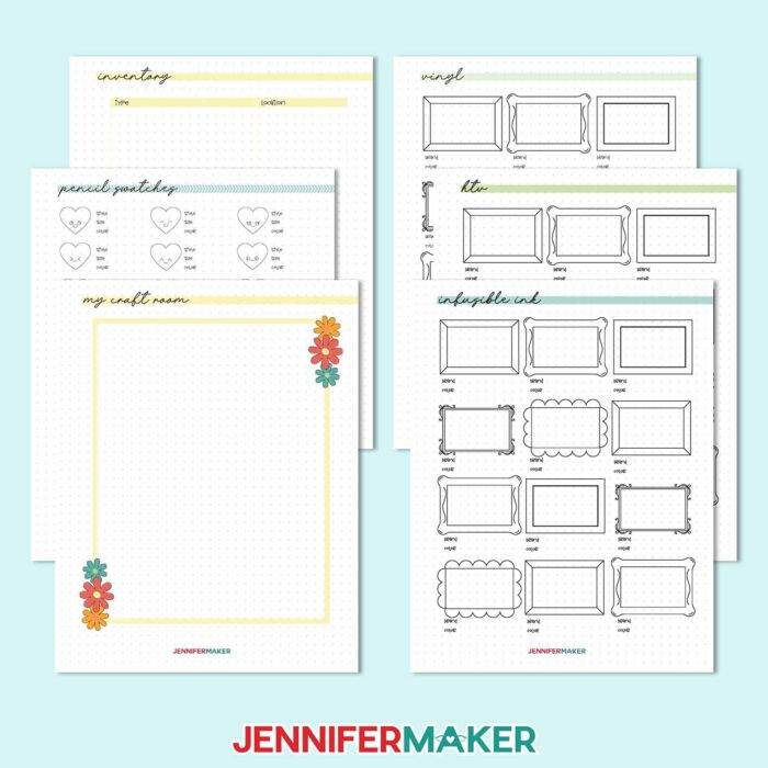 Five craft binder inventory sheets laid out to record project plans, a mood board, gifts, and supplies.