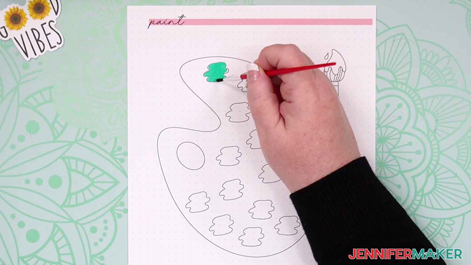 Fill in the spots on the palette and add notes on the brand, medium, and color.