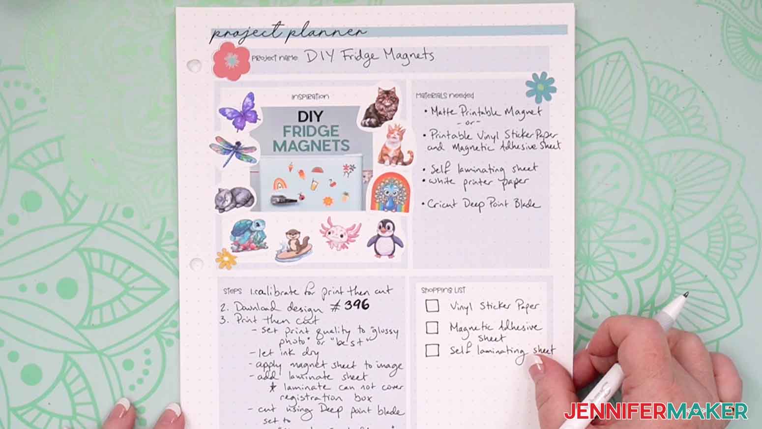 project planner with notes, list of materials