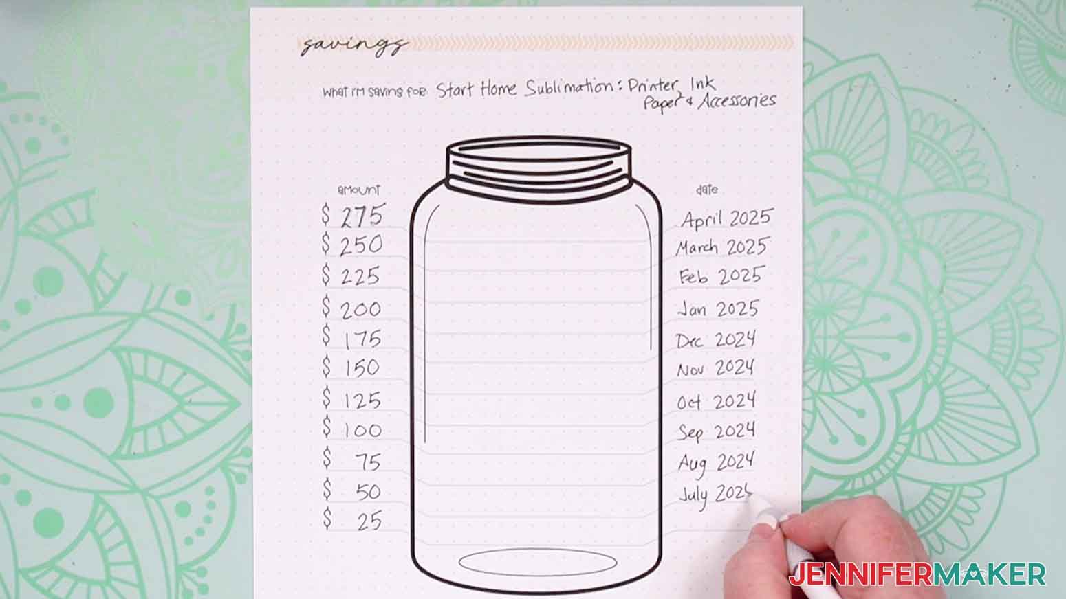Estimate how much money you&rsquo;ll need to purchase the item, and write that at the top amount line, then add a timeline to start tracking saving